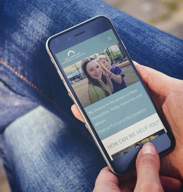 New Hampshire Charitable Foundation website shown on a mobile device nhcf.org